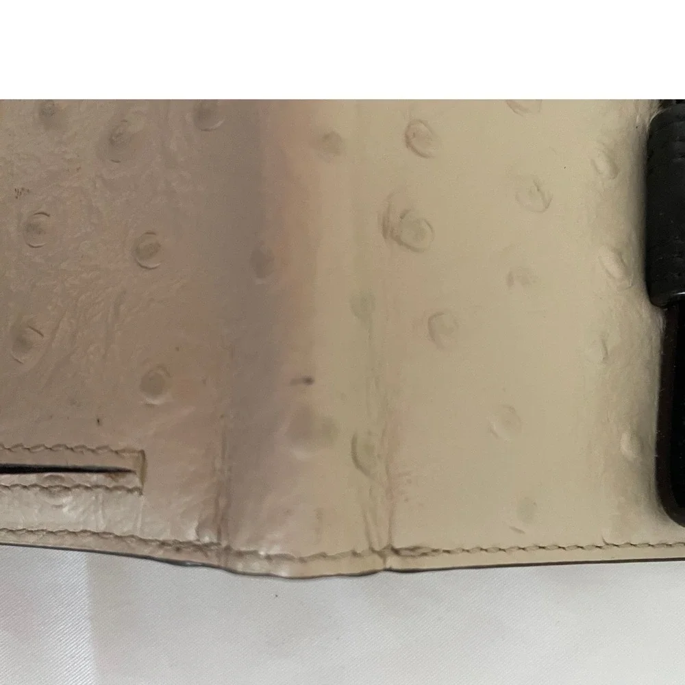 Kate Spade Ostrich Embossed Leather Bifold Wallet Beige Black Bow Detail‎ #645